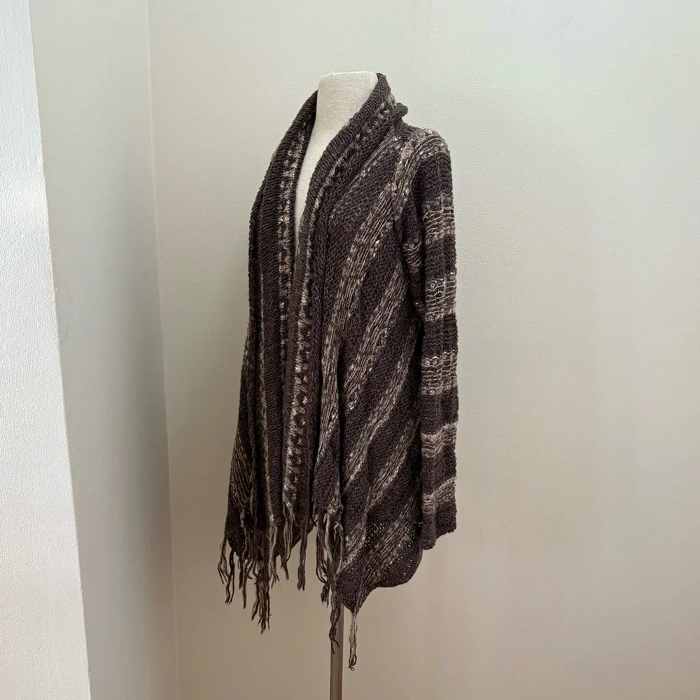 Free People Brown Wool/Mohair/Linen Fringe Cardigan Sweater Size Large Boho Chic